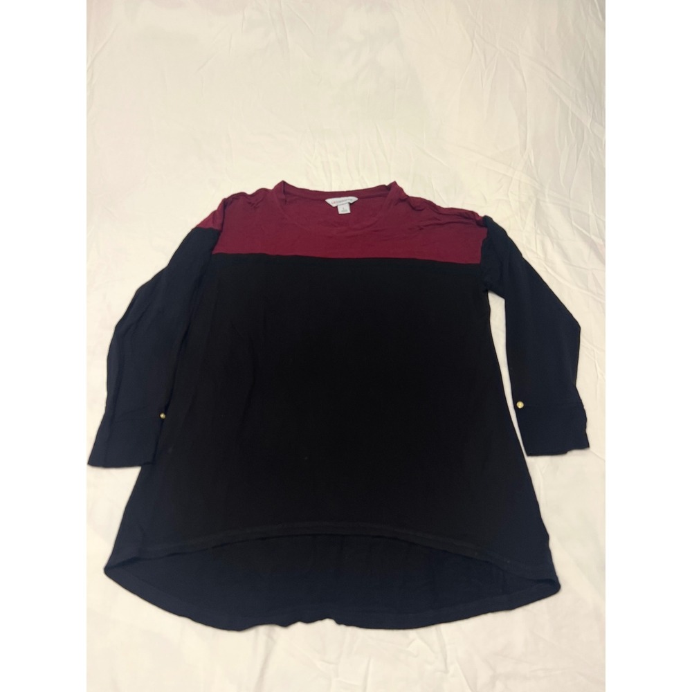 Liz Claiborne Women Black Burgundy Color Block High Low Tunic Top Size L